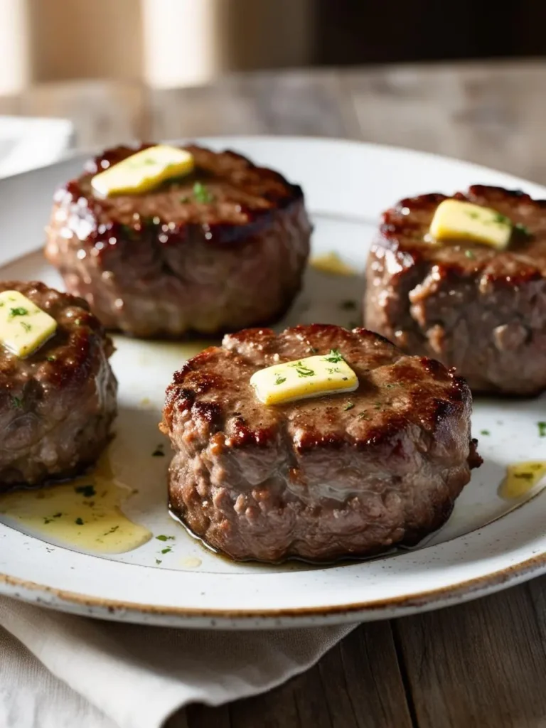 a white plate holds four cooked hamburger steaks, browned and topped with a pat of butter and chopped parsley. the steaks are arranged loosely, and the butter adds a glossy sheen. the plate sits on a wooden surface, and the steaks appear to be juicy and flavorful