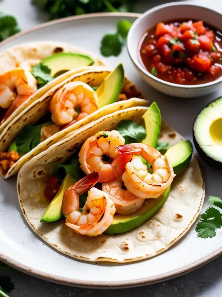 two shrimp tacos on a light plate. the tacos include cooked shrimp, avocado slices, and cilantro on tortillas. a small bowl of salsa is in the upper right corner. an avocado half is visible on the right. the shrimp are pink and curled. the avocado is green and sliced. the tortillas are light yellow