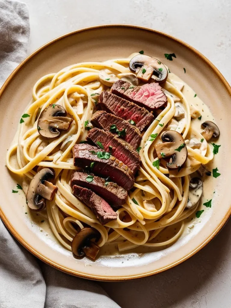 A plate of creamy steak pasta. Fettuccine noodles are coated in a rich, creamy sauce and topped with slices of perfectly seared steak. Sautéed mushrooms and fresh parsley add a touch of texture and flavor. The dish looks incredibly appetizing and perfect for a satisfying meal.