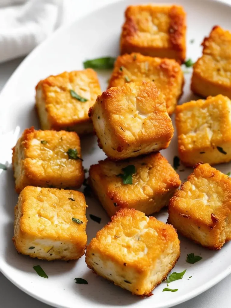 a white plate holds several cooked tofu cubes, browned and seasoned with herbs. the tofu cubes are arranged loosely, and the herbs add a pop of color and flavor. the plate sits on a light surface, and the tofu appears to be crispy and flavorful. the image is shot from above