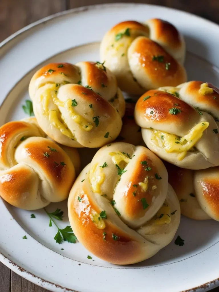 A plate of golden-brown garlic knots. The knots are brushed with melted butter and sprinkled with fresh parsley. The image evokes the aroma of garlic and butter, and the promise of a warm and satisfying side dish.