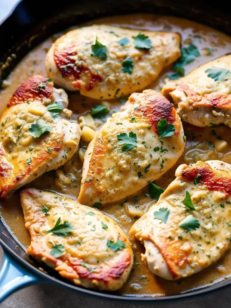 A cast-iron skillet filled with tender chicken breasts simmering in a creamy, herb-infused sauce. The chicken is golden brown and topped with fresh parsley. The sauce looks rich and flavorful, making this dish a perfect comfort food option.