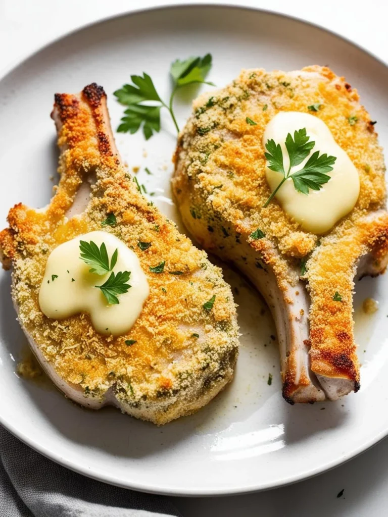 Two breaded pork chops on a white plate, garnished with fresh parsley. The chops are golden brown and appear crispy.