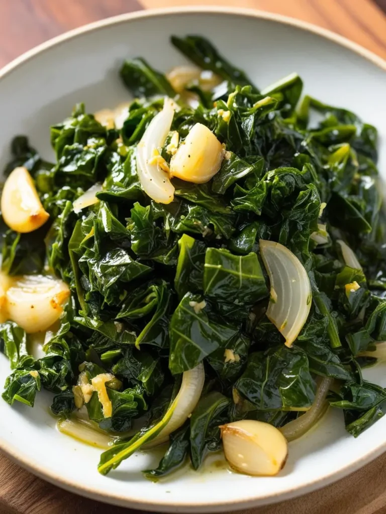 a white plate holds a serving of sautéed collard greens, interspersed with slices of garlic and onion. the greens are a vibrant dark green, and the translucent garlic and onion pieces add texture and visual appeal. the plate sits on a wooden surface, highlighting the dish's fresh ingredients