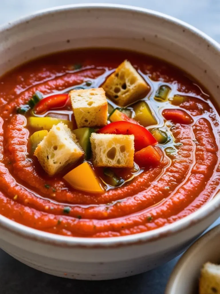 A bowl of chilled gazpacho, a vibrant summer soup. The soup is a vibrant red color, with visible chunks of tomatoes and vegetables. It's topped with croutons and garnished with fresh herbs, making it a refreshing and visually appealing dish.