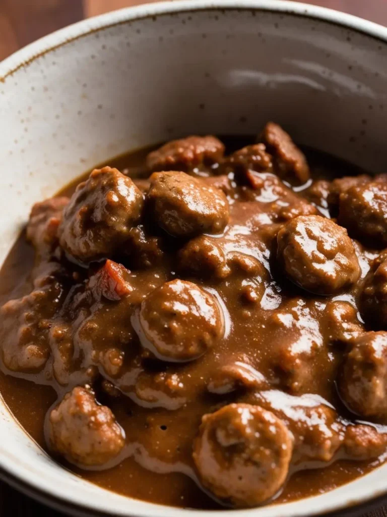 A bowl of savory sausage stew. The stew is filled with tender sausage links and vegetables, simmering in a rich, brown gravy. The image evokes the aroma of warm spices and the promise of a hearty and comforting meal.