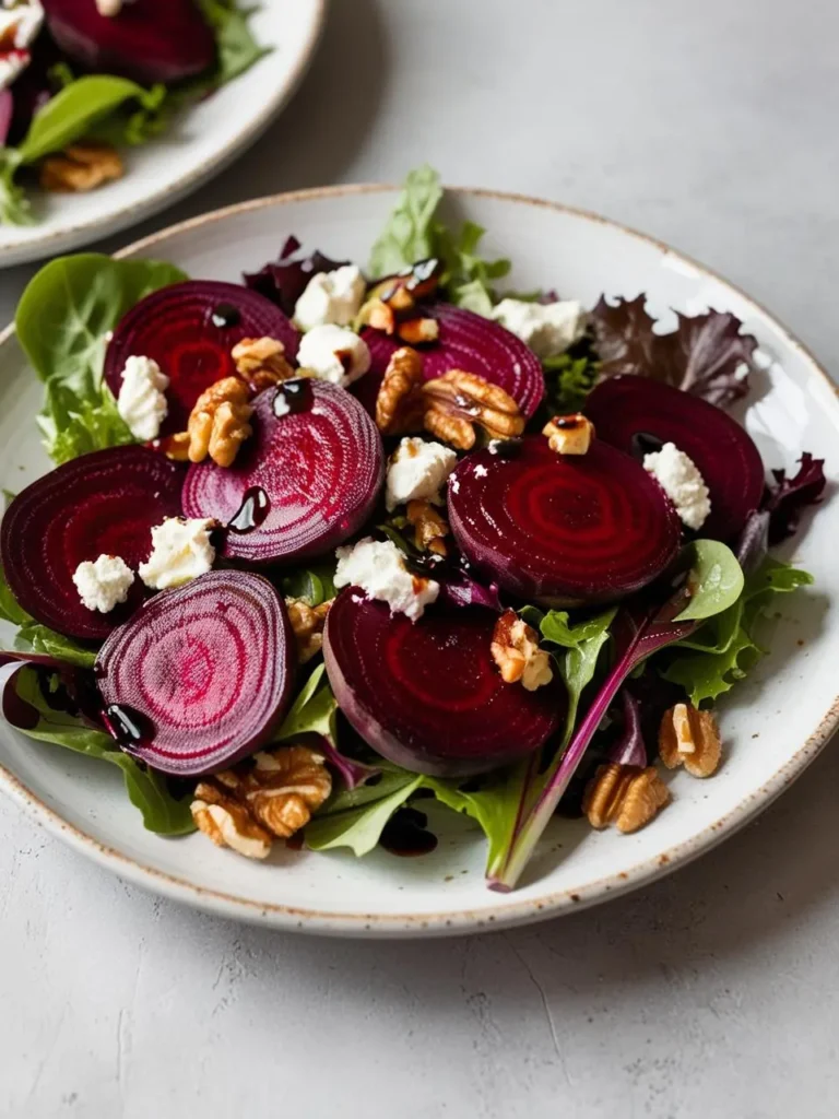 a beet salad on a speckled plate. the salad includes sliced beets, goat cheese, walnuts, and greens. a dark balsamic glaze is drizzled over the salad. another plate with the same salad is partially visible in the upper left corner. the background is a light gray surface