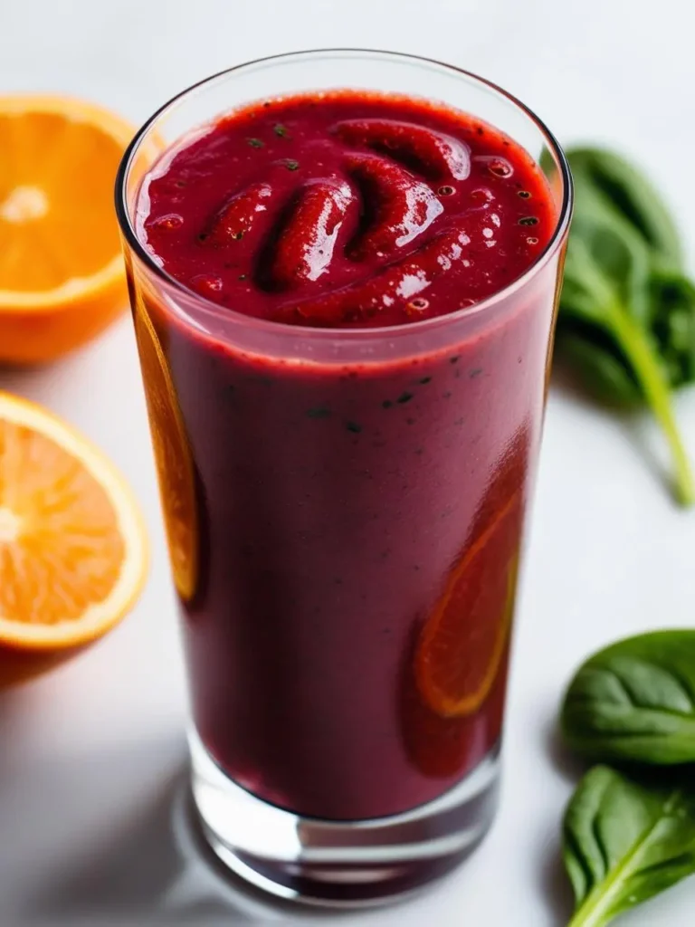 a clear glass filled with a deep red smoothie, garnished with orange slices and spinach leaves, sits on a white surface. the smoothie has a thick, blended texture. orange halves and spinach leaves are scattered around the glass, suggesting the smoothie's fresh ingredients and vibrant color