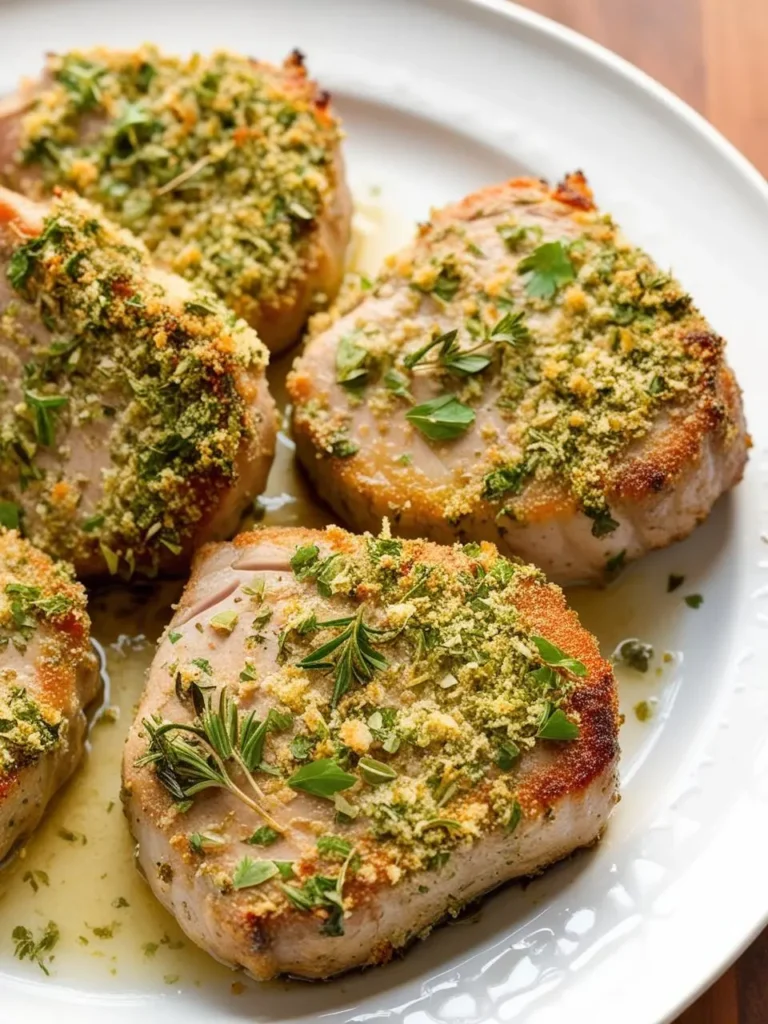 a white plate holds four cooked pork chops, each topped with a green herb crust. the pork chops are browned and appear to be juicy, and the herb crust adds a vibrant touch. the plate sits on a wooden surface, and the meal appears to be a simple and flavorful dish