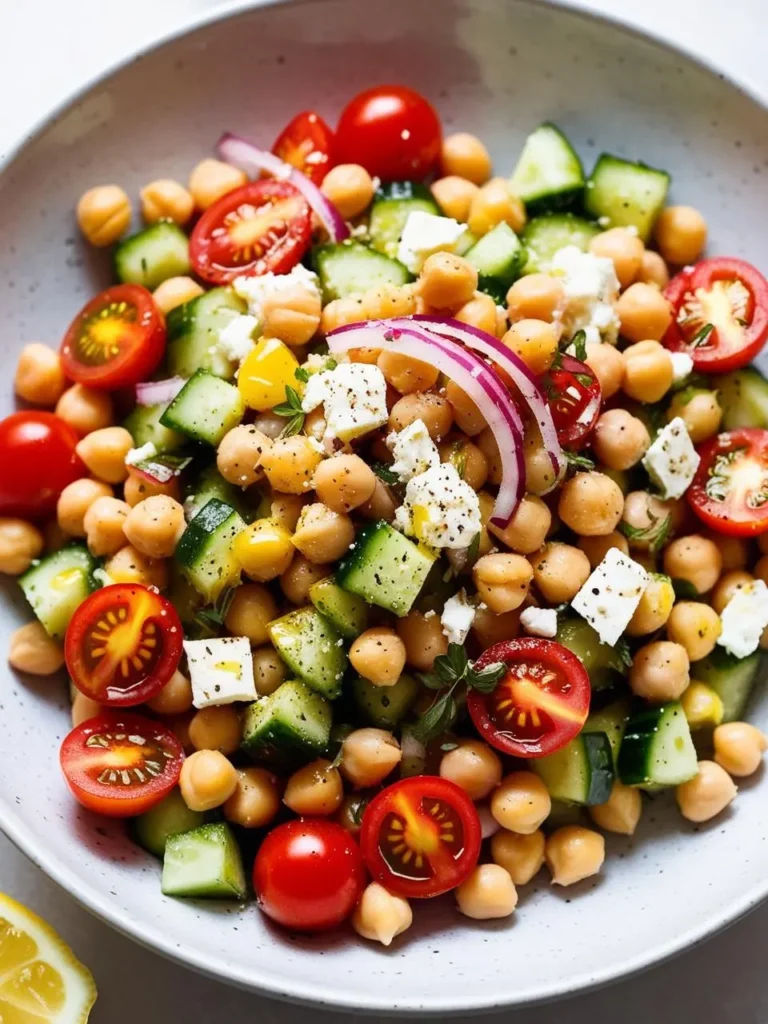 A vibrant chickpea salad with a Mediterranean flair. It features chickpeas, crisp cucumbers, juicy cherry tomatoes, crumbled feta cheese, and red onion. The salad is sprinkled with fresh herbs and looks light and refreshing. The image evokes the freshness of the ingredients and the promise of a delicious and healthy meal.