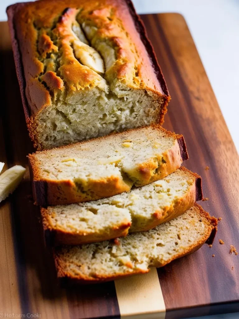 A loaf of golden-brown banana bread sliced on a wooden board. The bread is studded with flecks of banana and looks incredibly moist and delicious. A pat of butter sits alongside, ready to be spread on a warm slice. The image evokes the comforting aroma and taste of freshly baked banana bread.