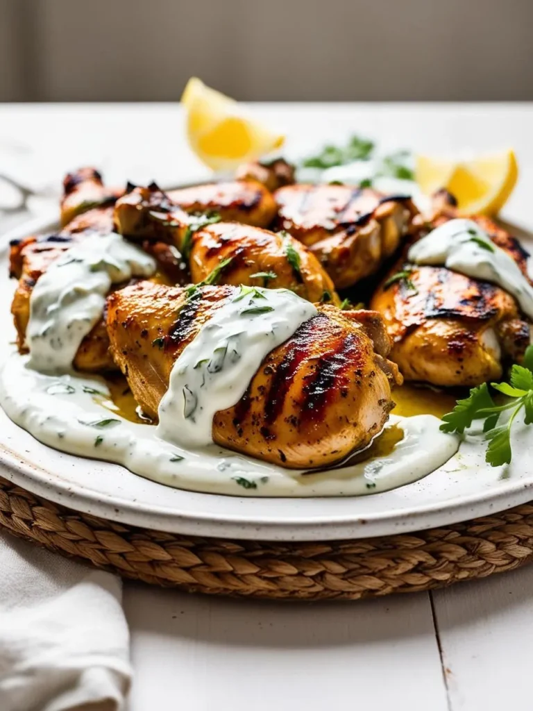 A platter of grilled chicken thighs drizzled with a creamy, herb-infused sauce. The chicken is golden brown and has grill marks, indicating it was cooked to perfection. Lemon wedges and fresh parsley garnish the dish, adding a touch of freshness and flavor. The image evokes the aroma of grilled chicken and the promise of a delicious meal.