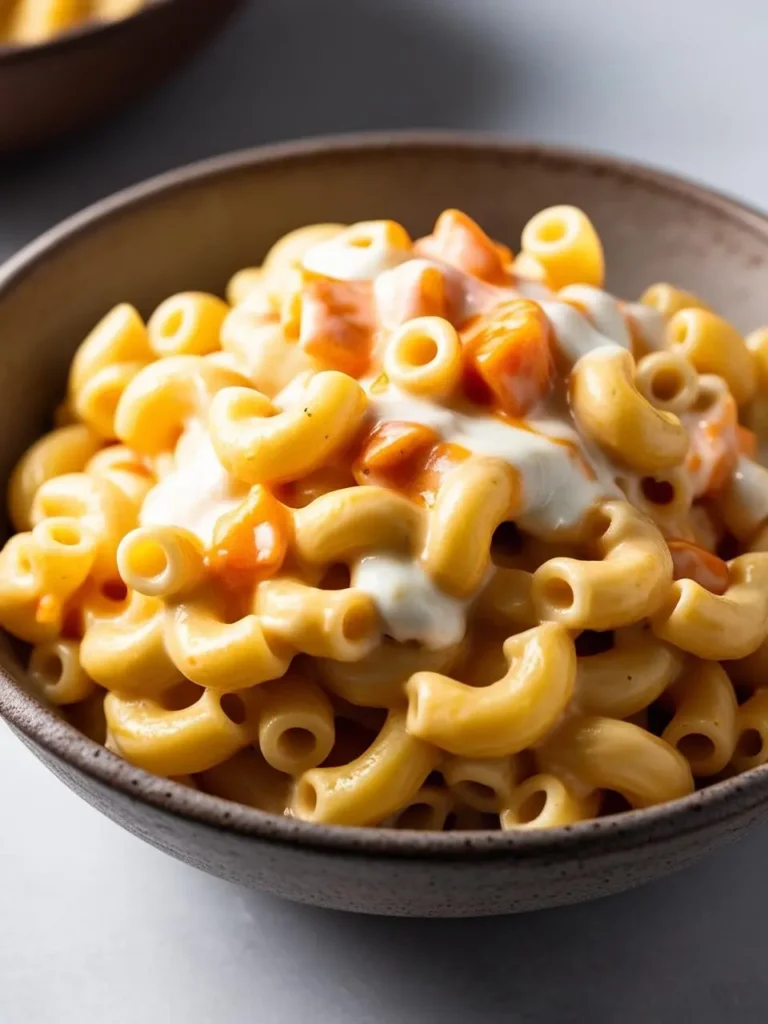 A bowl of creamy macaroni and cheese. The macaroni is cooked perfectly al dente and coated in a rich, cheesy sauce. The dish looks incredibly appetizing and perfect for a comforting meal.