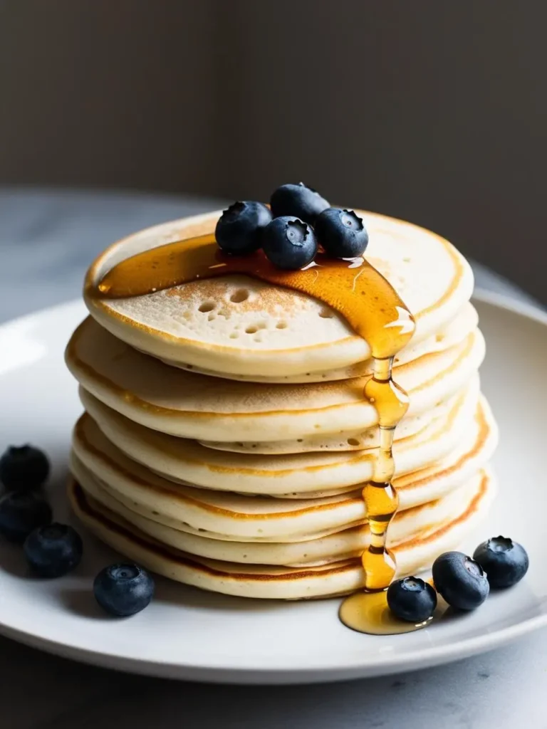 A stack of golden-brown pancakes drizzled with maple syrup and topped with fresh blueberries. The pancakes look fluffy and delicious, perfect for a sweet and satisfying breakfast. The image evokes the aroma of warm pancakes and the promise of a delicious start to the day.