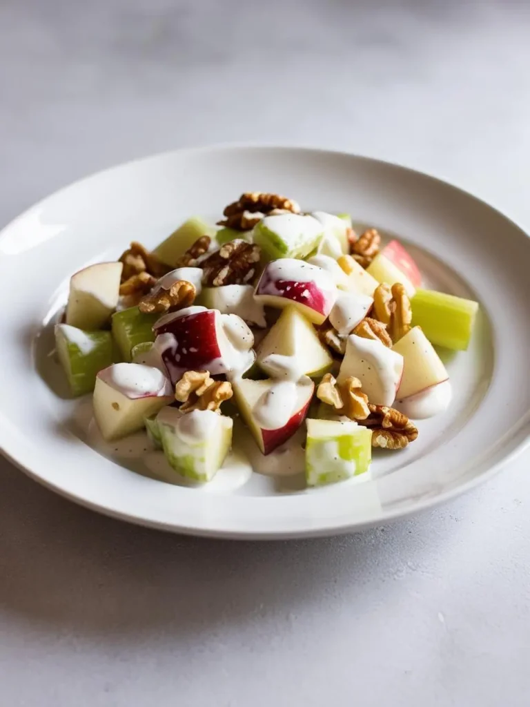 A plate of classic Waldorf salad. It's a mix of diced apples, celery, and walnuts, all tossed in a creamy dressing. The salad looks light and refreshing, perfect for a summer meal.