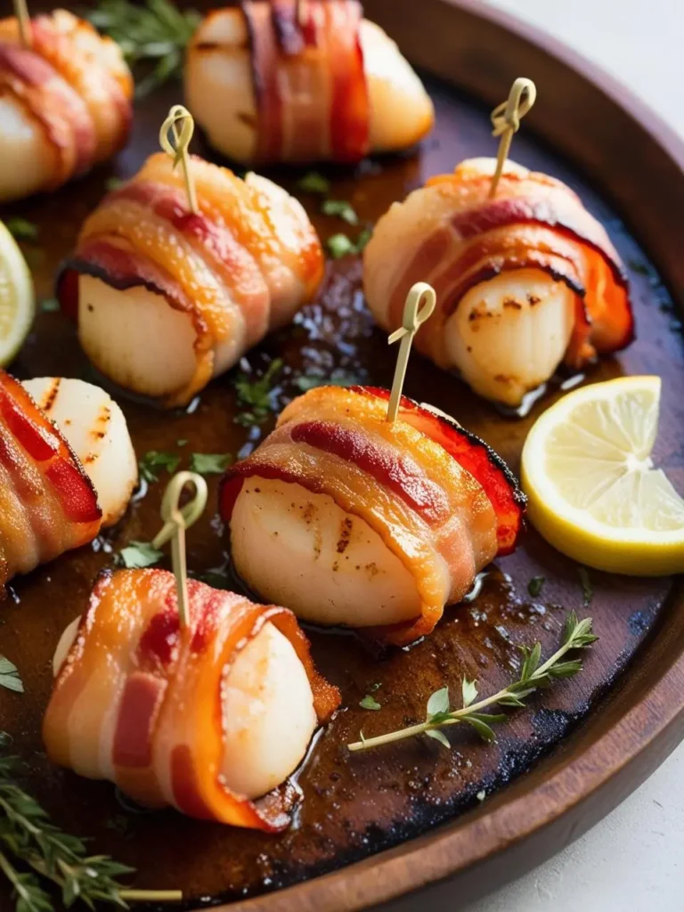 A platter of succulent scallops wrapped in crispy bacon. The scallops are golden brown and glistening, with the bacon adding a touch of smoky flavor and texture. A lemon wedge and fresh herbs adorn the platter, adding a touch of freshness and color. The image evokes the aroma of sizzling bacon and the promise of a delicious appetizer.