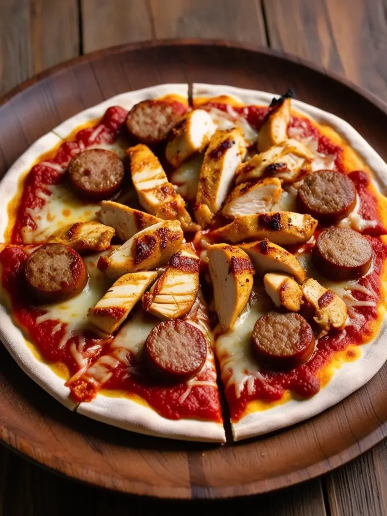 a wooden plate holds a sliced pizza with a light crust, topped with grilled chicken pieces, sliced sausage, red sauce, and melted cheese. the pizza is arranged on the plate, and the toppings are evenly distributed. the plate sits on a wooden surface, and the pizza appears to be flavorful and well-made