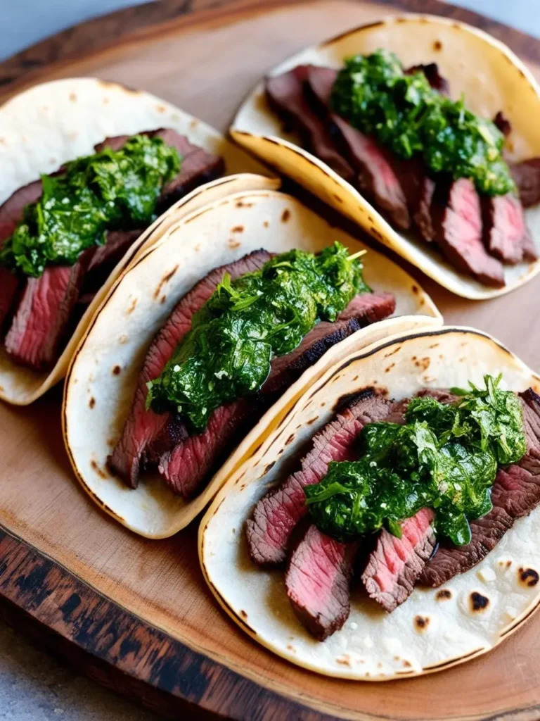 Four steak tacos with chimichurri sauce. The tacos are filled with slices of grilled steak and topped with a vibrant green chimichurri sauce. The image evokes the flavors of a classic Argentinean dish with a modern twist.