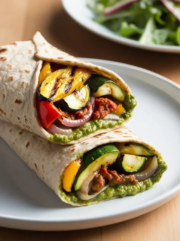 two grilled veggie wraps stacked on a white plate. the wraps are filled with grilled zucchini, bell peppers, and onions, along with a red sauce and green pesto. a blurred salad bowl is visible in the background. the wraps have a light-colored tortilla with grill marks. the table surface is light brown