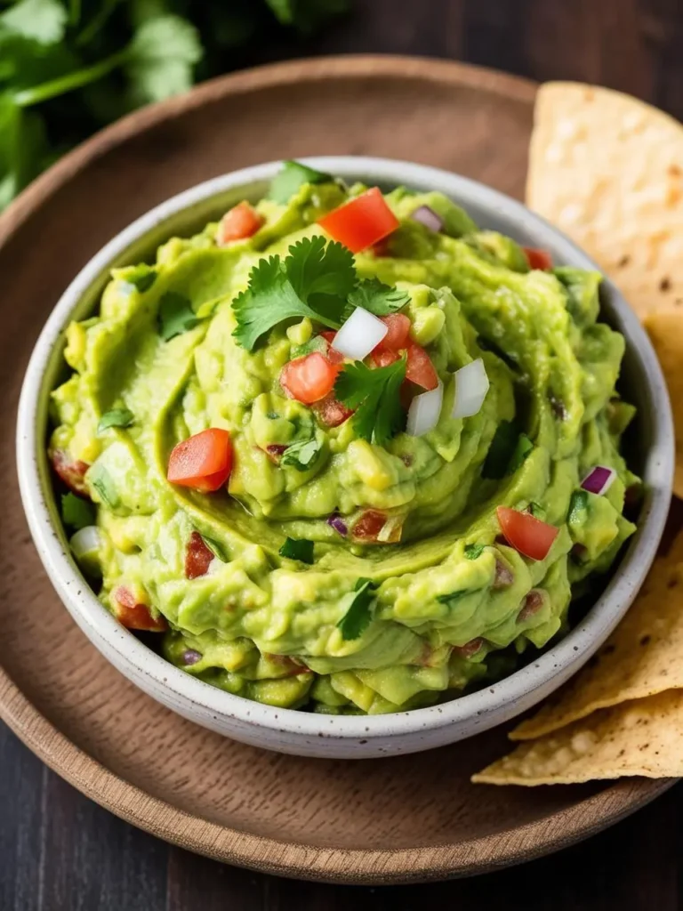 A bowl of creamy guacamole, garnished with diced tomatoes, chopped onions, and fresh cilantro. Tortilla chips are scattered around, ready for dipping. The guacamole looks vibrant and delicious, perfect for a party or snack.