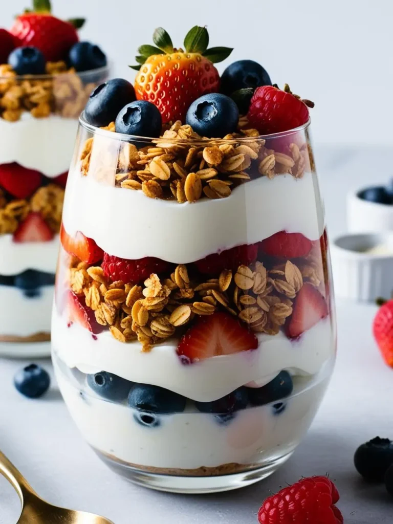 A refreshing parfait layered with creamy yogurt, crunchy granola, and a colorful mix of fresh berries. The parfait is served in a clear glass and garnished with additional berries, making it a visually appealing and healthy breakfast option.