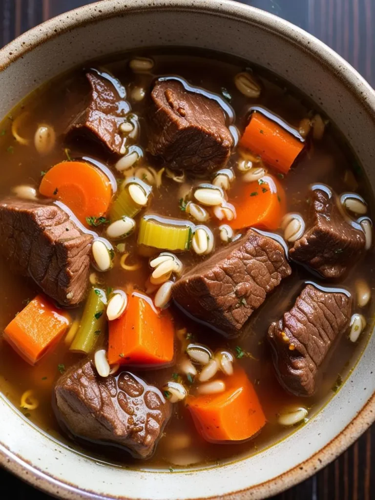 A bowl of hearty beef barley soup. Tender chunks of beef simmer in a rich broth with barley, carrots, and celery. The image evokes the aroma of savory spices and the promise of a warm and comforting meal.