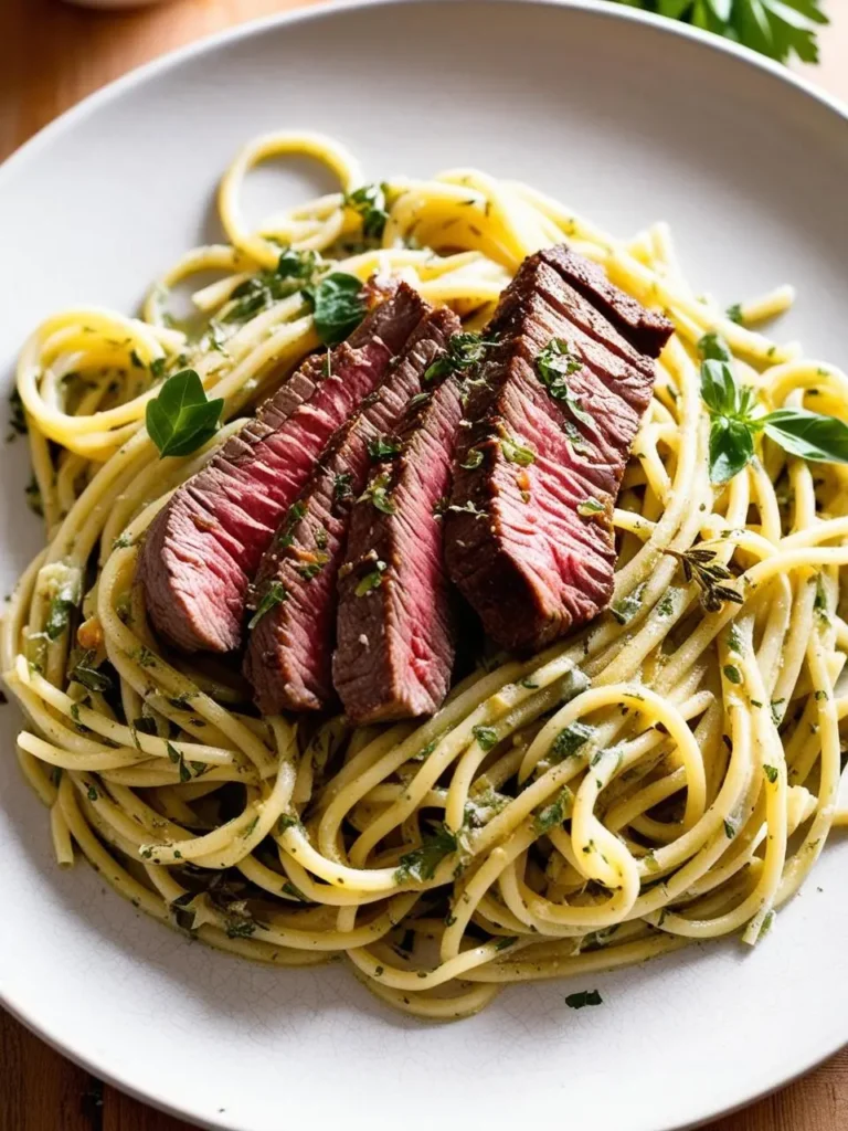 A plate of spaghetti with a rich, green pesto sauce. Slices of perfectly seared steak are arranged on top, adding a touch of protein and color. The dish looks incredibly appetizing and perfect for a satisfying meal.