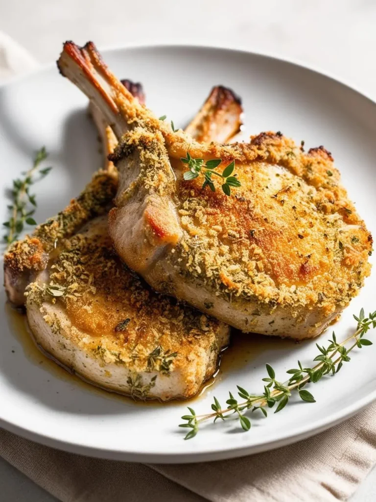 Two bone-in pork chops on a white plate, coated in a golden-brown breading with visible herbs.  The chops are slightly overlapping and garnished with fresh thyme sprigs. A light-colored napkin rests beneath the plate. The image suggests a simple, rustic, and flavorful meal.