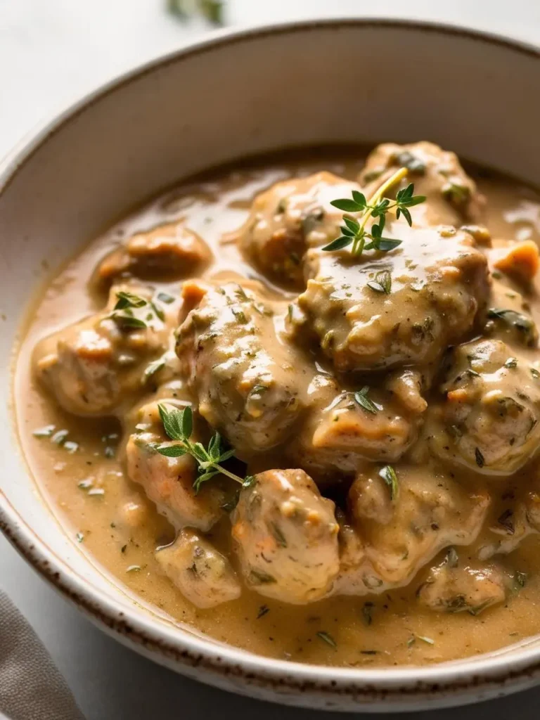 A bowl of creamy chicken stroganoff. Tender pieces of chicken are simmered in a rich, creamy sauce with mushrooms and egg noodles. The dish is garnished with fresh thyme sprigs, adding a touch of freshness and color. The image evokes the aroma of savory spices and the promise of a warm and comforting meal.