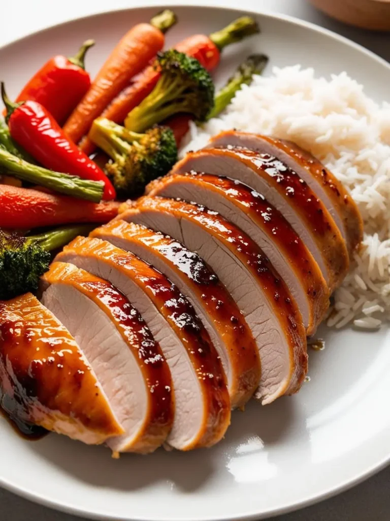 A plate with sliced, glazed turkey breast, rice, and roasted vegetables. The turkey has a glossy, golden-brown glaze and is arranged in neat slices.  Steamed rice is on the right, and a colorful mix of broccoli, carrots, and red peppers are on the left.  A small bowl of sauce is visible in the upper right corner.