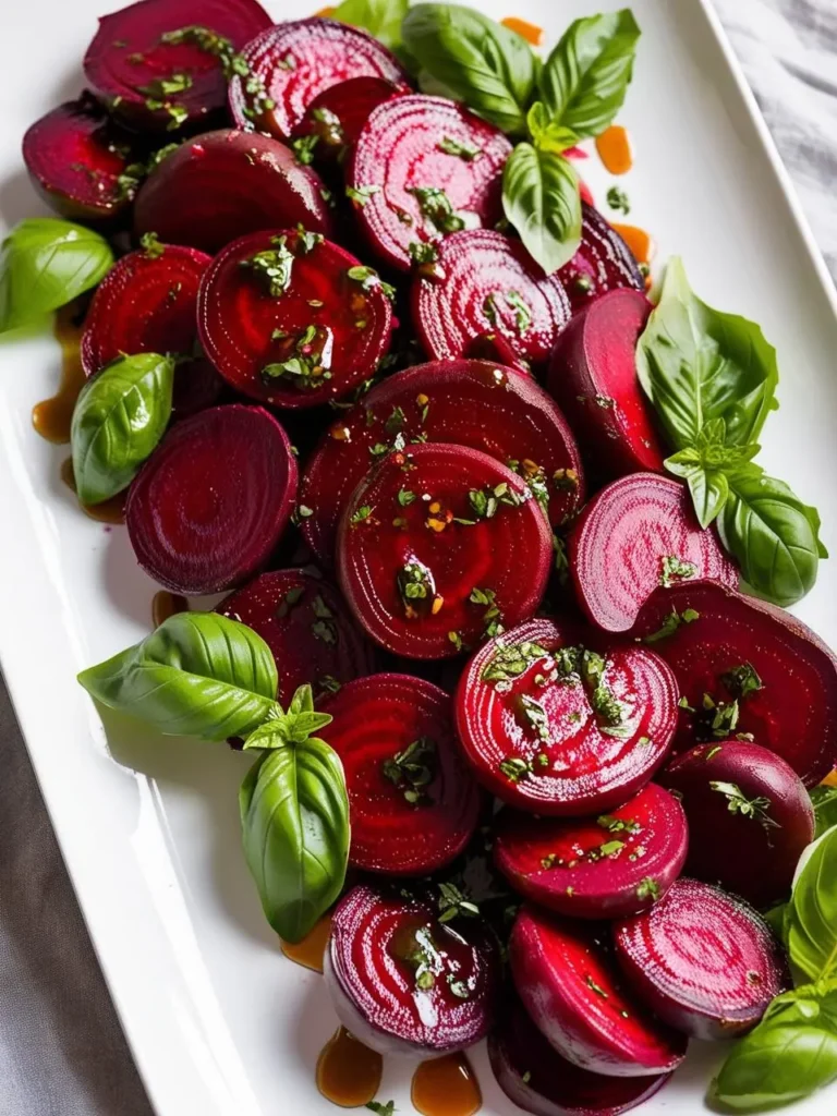 a white rectangular plate filled with sliced beets. the beets are a deep red color and are arranged in a slightly overlapping pattern. fresh basil leaves are scattered among the beets. a light dressing is drizzled over the beets and basil. a light-colored cloth is partially visible in the bottom right corner