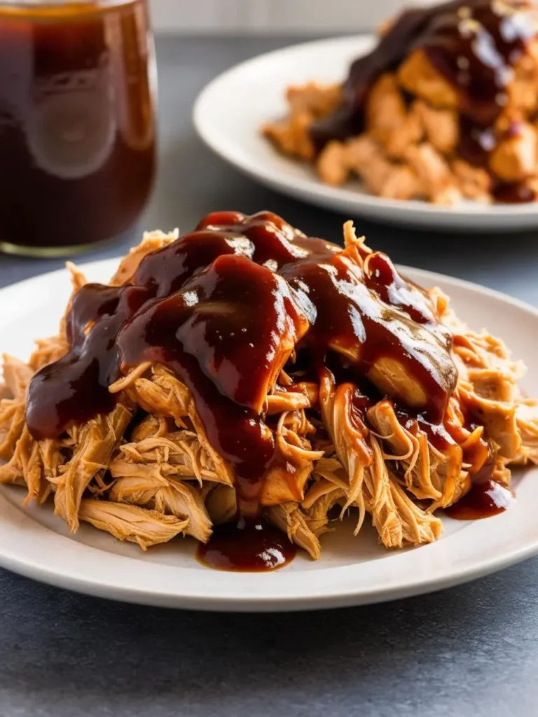 a white plate holds a serving of pulled chicken, coated in a dark, glossy sauce. another plate with pulled chicken is blurred in the background. a glass jar filled with sauce is visible in the top left corner. the chicken is shredded and arranged loosely, and the sauce adds a rich, flavorful element