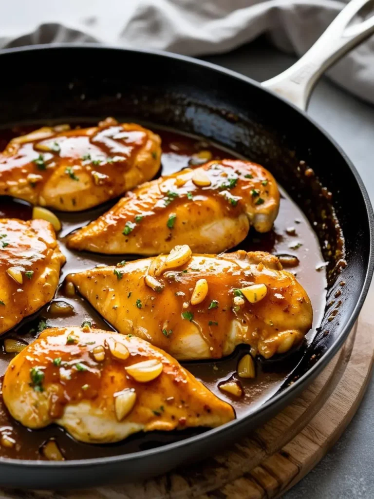 A skillet brimming with golden-brown chicken breasts smothered in a rich, glossy sauce. The chicken is cooked to perfection and looks incredibly juicy and flavorful. The sauce is dotted with roasted garlic cloves, adding a touch of savory depth. This image evokes a sense of warmth and comfort, perfect for a cozy meal.