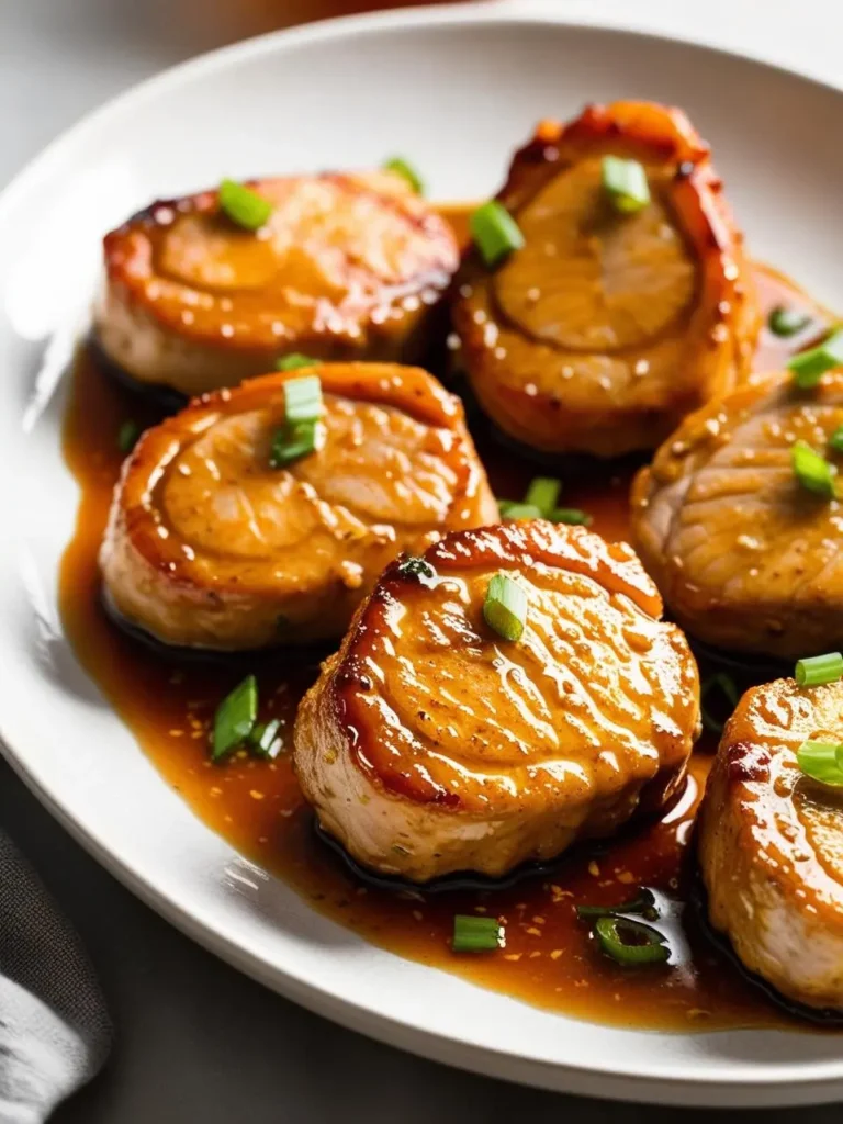 several cooked pork medallions, glazed with a glossy sauce and garnished with green onions, are arranged on a white plate. the medallions are browned and appear to be juicy, and the sauce adds a rich, flavorful element. the plate sits on a light surface, and a gray cloth is visible in the bottom left corner