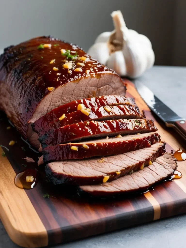 A beautifully roasted beef roast, sliced and arranged on a wooden cutting board. The roast is glazed with a sweet and savory sauce and garnished with fresh garlic cloves and parsley. The image evokes the aroma of savory spices and the promise of a delicious meal.