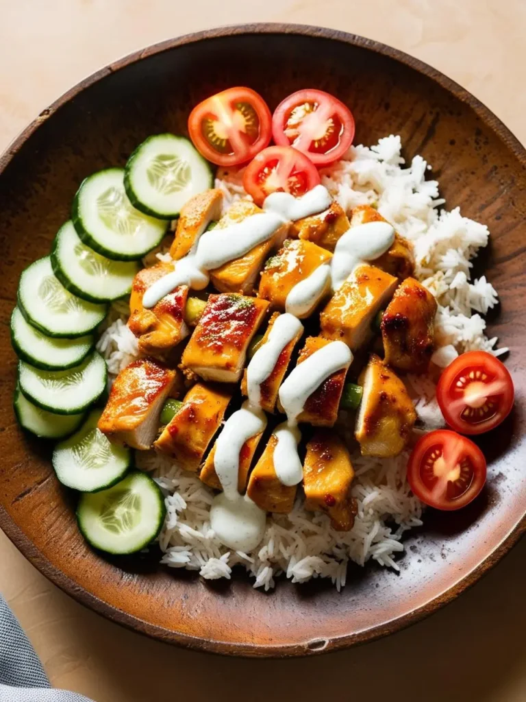 a wooden bowl holds a chicken shawarma bowl, featuring sliced chicken pieces drizzled with a white sauce, white rice, cucumber slices, and tomato slices. the ingredients are arranged neatly, and the bowl sits on a light surface with a cloth. the chicken appears to be juicy and flavorful