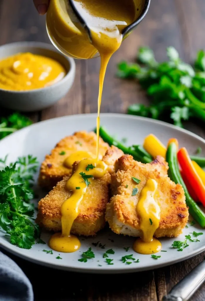 Crispy, golden-brown chicken cutlets are arranged on a plate with steamed green beans and sliced yellow and red bell peppers.  A creamy yellow sauce is being poured from a small pitcher over the chicken. Fresh parsley adds a pop of green to the dish. The image suggests a light, healthy, and flavorful meal.