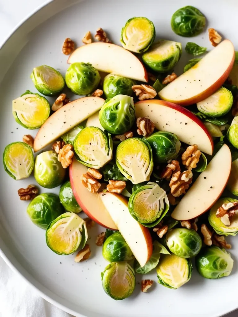 a plate with brussels sprouts, apple slices, and walnuts. the brussels sprouts are cooked and halved. the apple slices are arranged among the sprouts. the walnuts are scattered around the plate. a light dressing is drizzled over the salad. the plate is white and round. the background is light