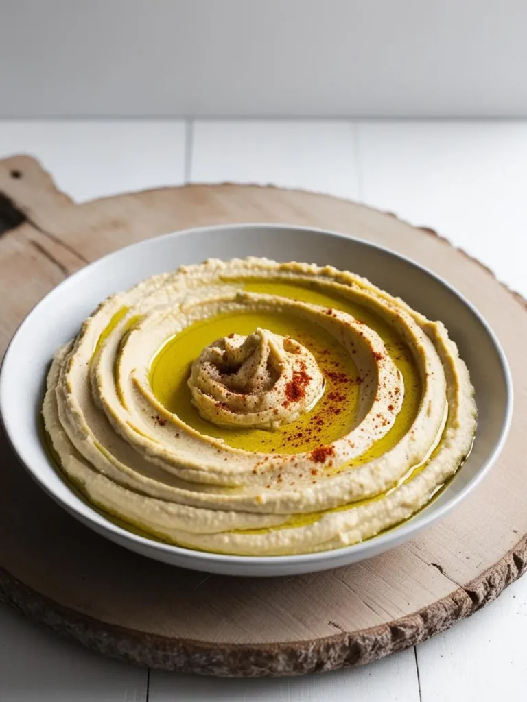 A bowl of creamy hummus sits on a wooden board. The hummus is smooth and spreadable, with swirls of olive oil and a sprinkle of paprika for color. The image evokes the aroma of savory spices and the promise of a delicious and healthy dip.