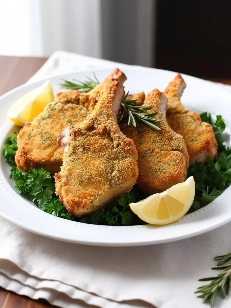 Four breaded pork chops on a white plate, garnished with fresh parsley, rosemary, and lemon wedges. The chops are golden brown and appear crispy. A white napkin sits beneath the plate, and a wooden table and blurred background complete the scene. The image suggests a simple, rustic, and flavorful meal.