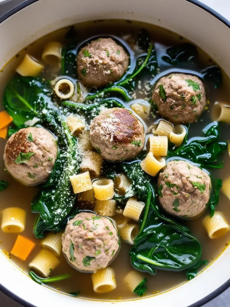 A hearty bowl of Italian wedding soup. The soup is filled with tender meatballs, small pasta shapes, and a bed of fresh spinach. The image evokes the aroma of simmering broth and the promise of a warm and comforting meal.