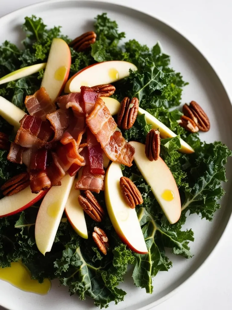 a kale and apple salad on a white plate. the salad includes chopped kale, sliced apples, bacon pieces, and pecans. a light dressing is drizzled over the salad. the plate is placed on a light surface. the kale is green and leafy. the apples are sliced thin. the bacon is cooked and crispy