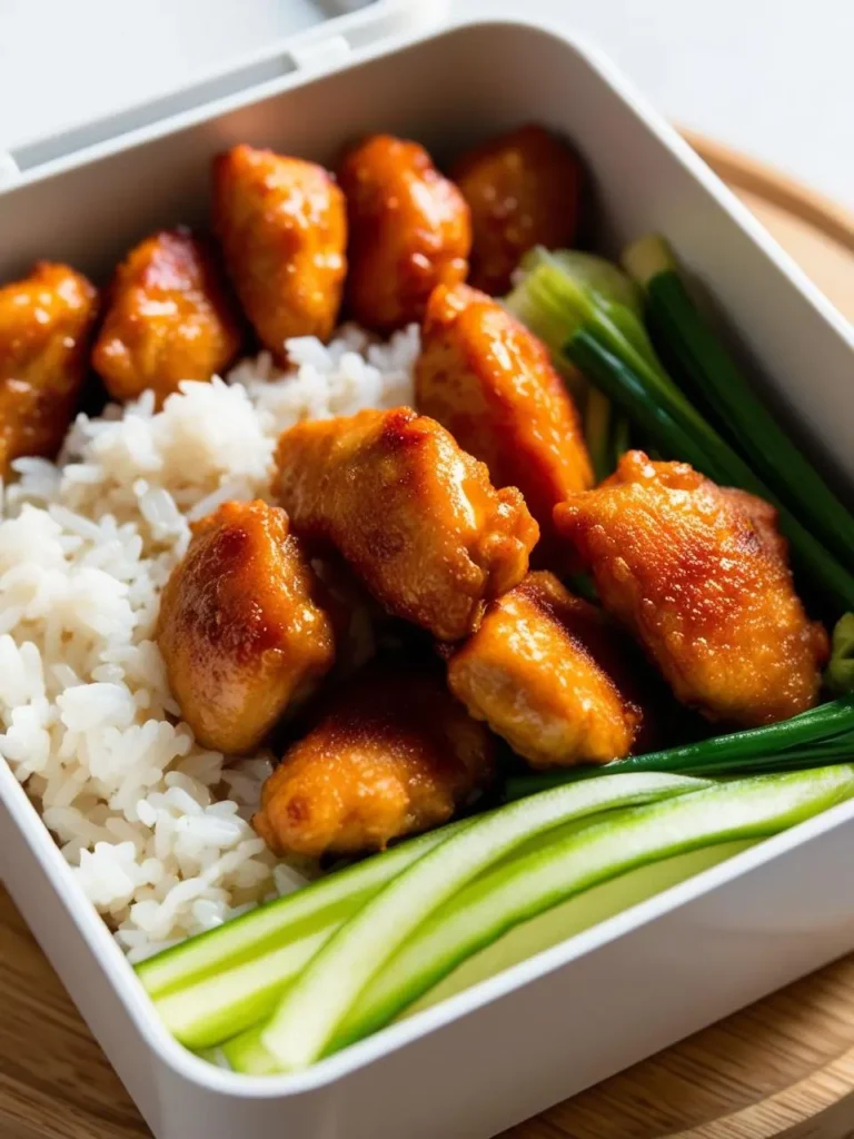 A meal prep container features a portion of glistening, orange-glazed chicken pieces atop a bed of white rice. Sliced cucumbers and chopped green vegetables are neatly arranged beside the chicken and rice, creating a balanced and visually appealing meal. The container has a light-colored base and transparent lid.