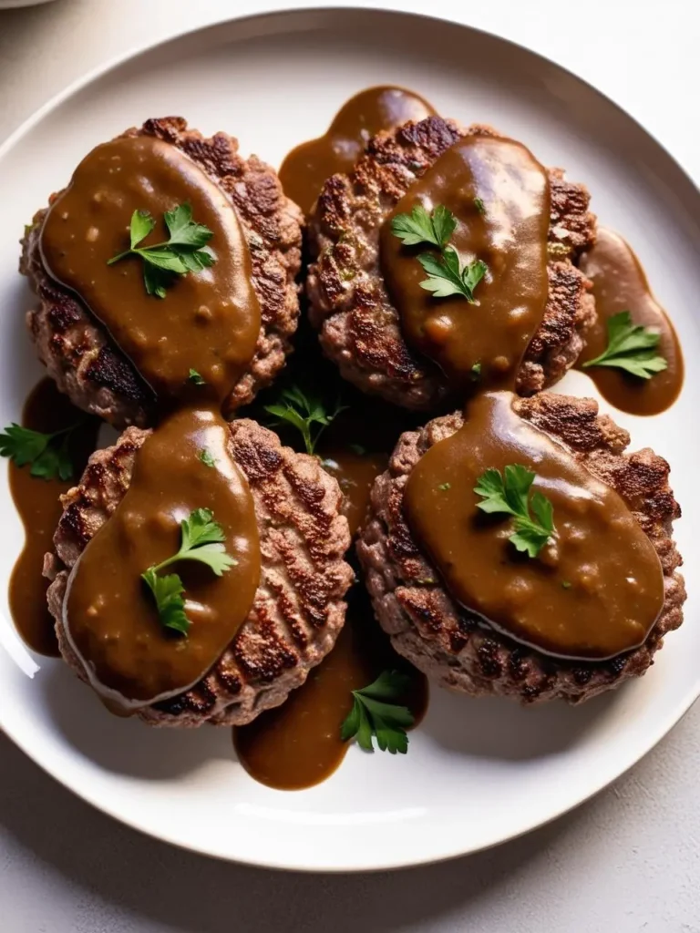 a white plate holds four cooked hamburger steaks, browned and topped with a brown gravy and a sprig of parsley. the steaks are arranged loosely, and the gravy adds a rich, savory element. the plate sits on a light surface, and the steaks appear to be juicy and flavorful