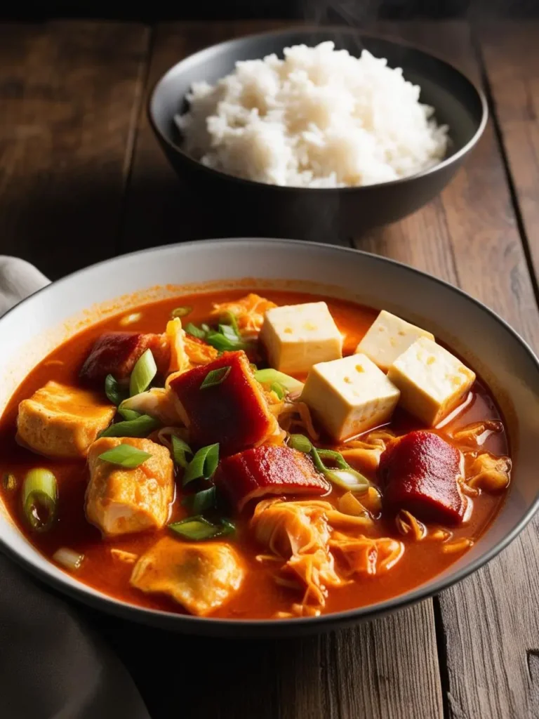 a bowl of kimchi jjigae on a wooden table. the stew includes tofu, kimchi, and green onions in a red broth. a bowl of white rice is in the background. a light-colored cloth is partially visible on the left. steam is rising from the rice bowl. the table is dark brown