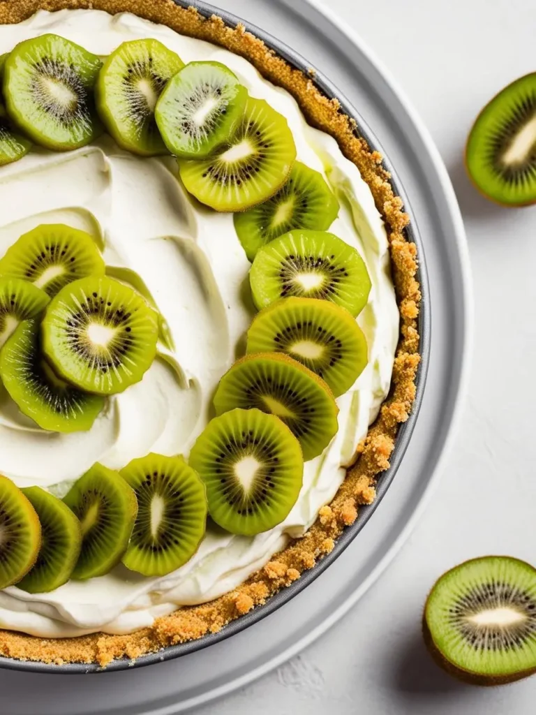 a kiwi tart sits on a white surface, featuring a light-colored crust, a creamy filling, and sliced kiwi fruit arranged in a circular pattern. the kiwi slices are bright green and add a vibrant touch to the dessert. the image is shot from above, showcasing the tart's design and texture