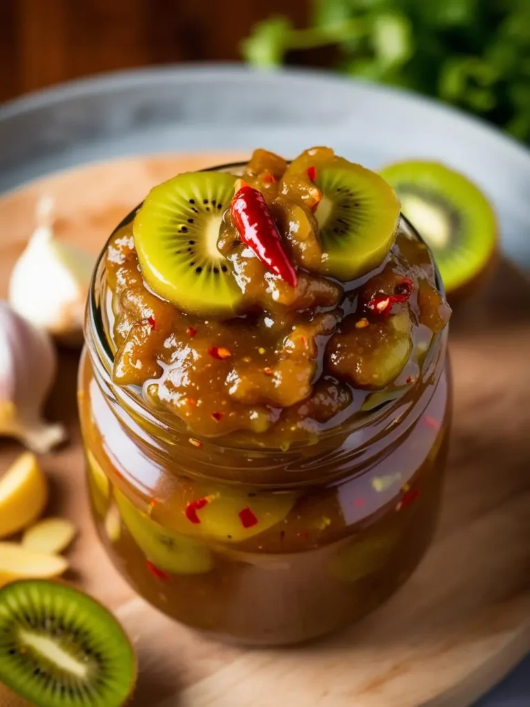 a glass jar filled with kiwi chutney, garnished with kiwi slices and a red chili pepper, sits on a wooden board. garlic cloves and ginger are visible in the background. the chutney has a thick, textured appearance, and the ingredients add a pop of color to the image