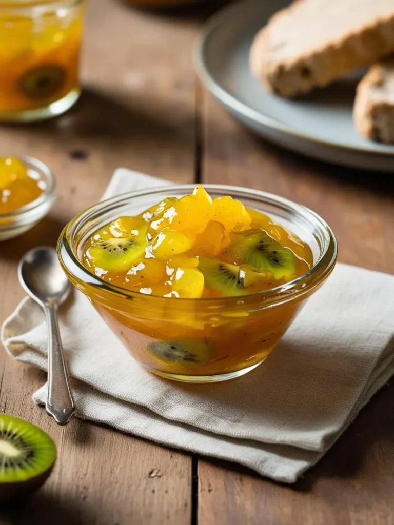 a glass bowl filled with kiwi jam sits on a white napkin, accompanied by a spoon. the jam has a golden hue with visible kiwi slices. a jar of jam and slices of bread are blurred in the background, and a kiwi half is visible in the bottom left corner. the image is well-lit and focuses on the jam