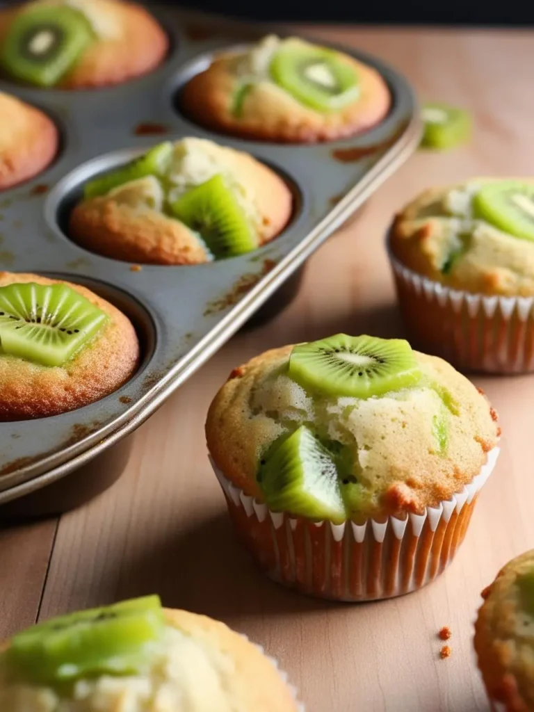 a muffin tin holds several kiwi muffins, each topped with a slice of kiwi. the muffins are golden brown, and the kiwi slices are bright green. some muffins are in the tin, while others are placed on a wooden surface. the image is shot from above, showcasing the muffins' texture and kiwi topping