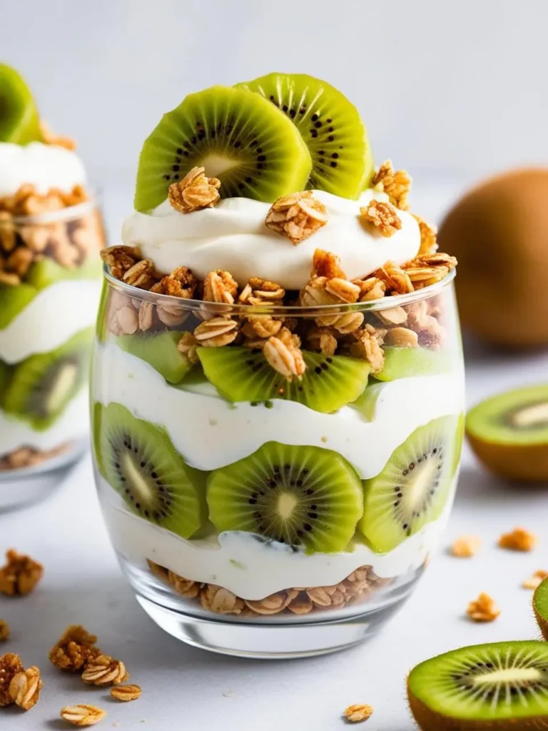 a clear glass filled with layers of kiwi slices, yogurt, and granola. the parfait is topped with a dollop of yogurt and more kiwi slices. granola pieces are scattered around the glass on a light surface, and a blurred kiwi fruit is visible in the background. another parfait is partially visible on the left